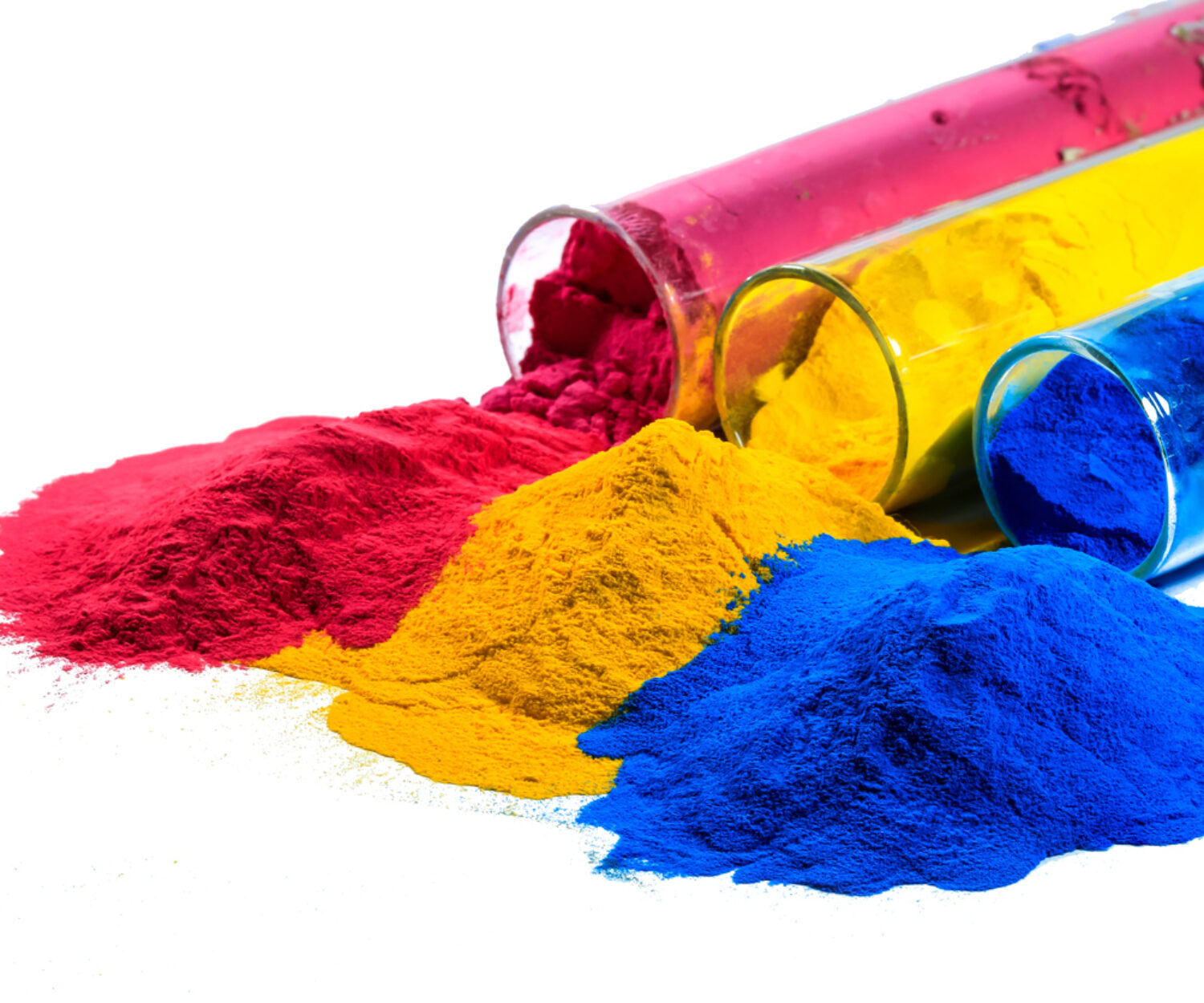 colorful powder coating and test tubes on white background